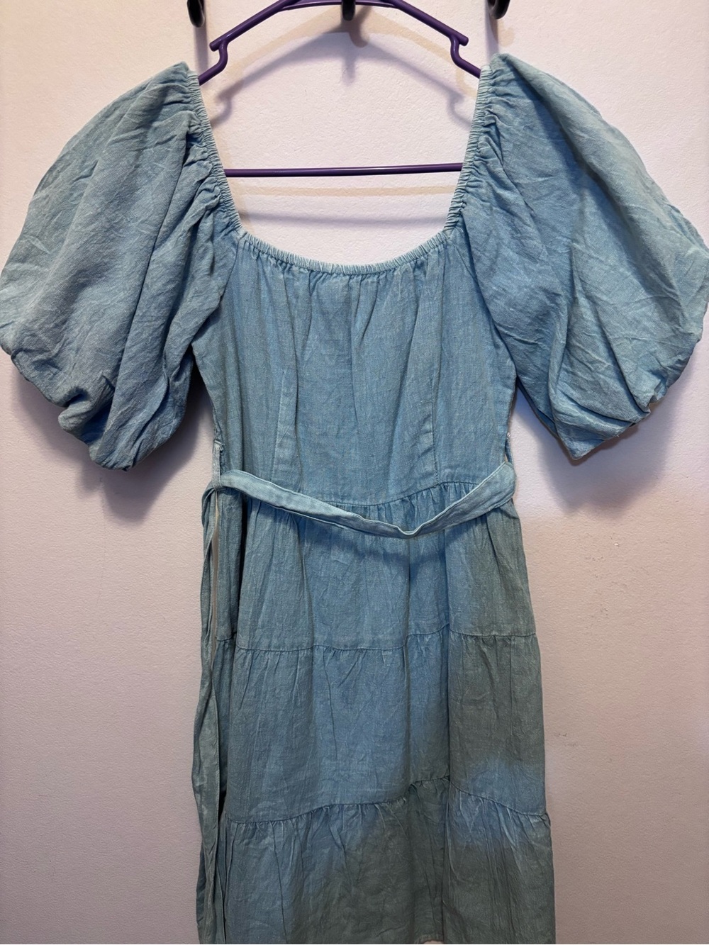 Blue Puff Sleeve Midi Dress with Waist Tie